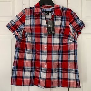 NWT Erika Red White and Blue Plaid Top